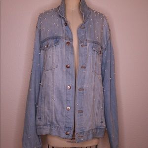 FOREVER21 DENIM JACKET W/BEADED PEARLS